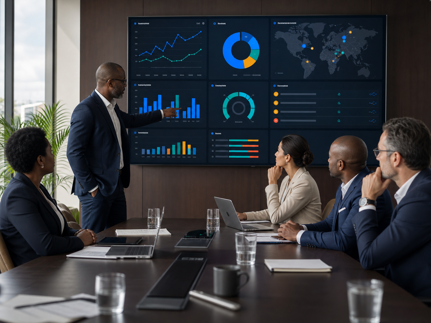 A management team reviewing AI-generated operational insights