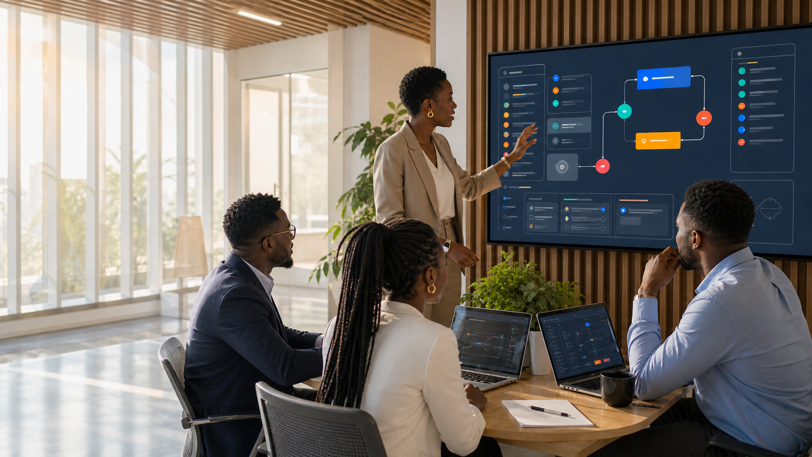 African business team supervising AI agents and workflow operations