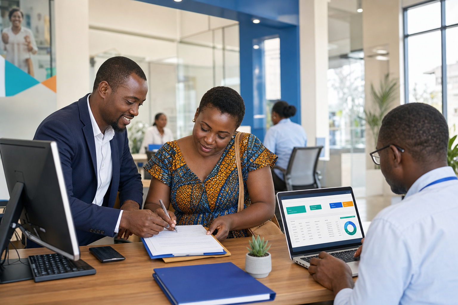 African microfinance officer helping a business owner complete a loan application