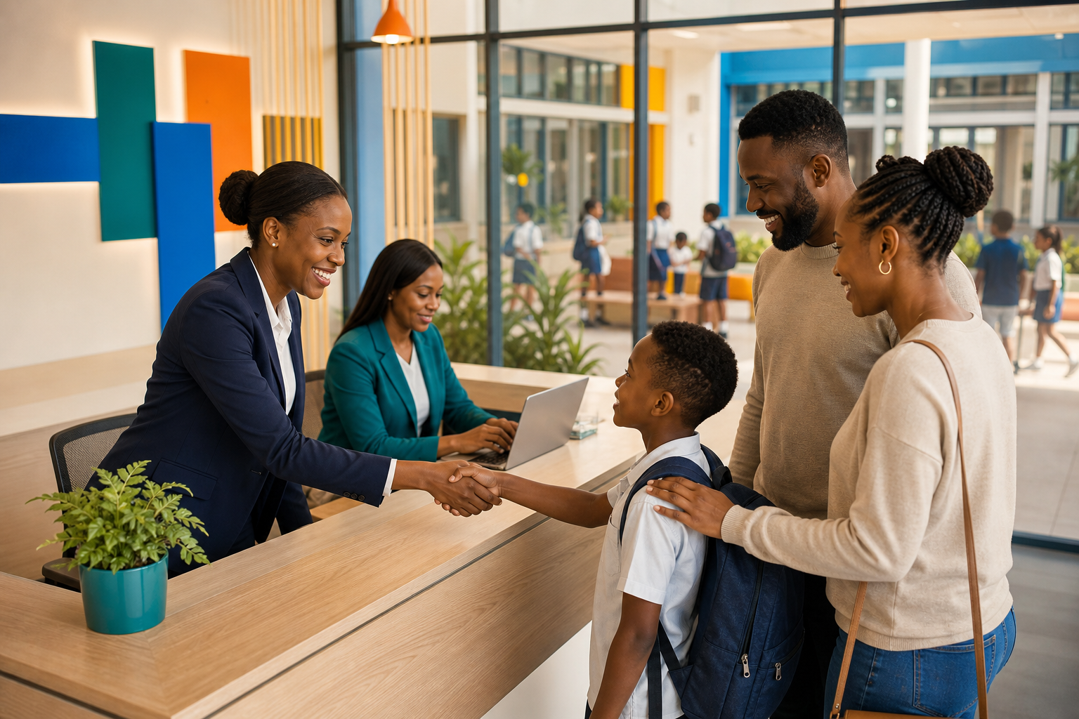 African private school admissions team welcoming a family
