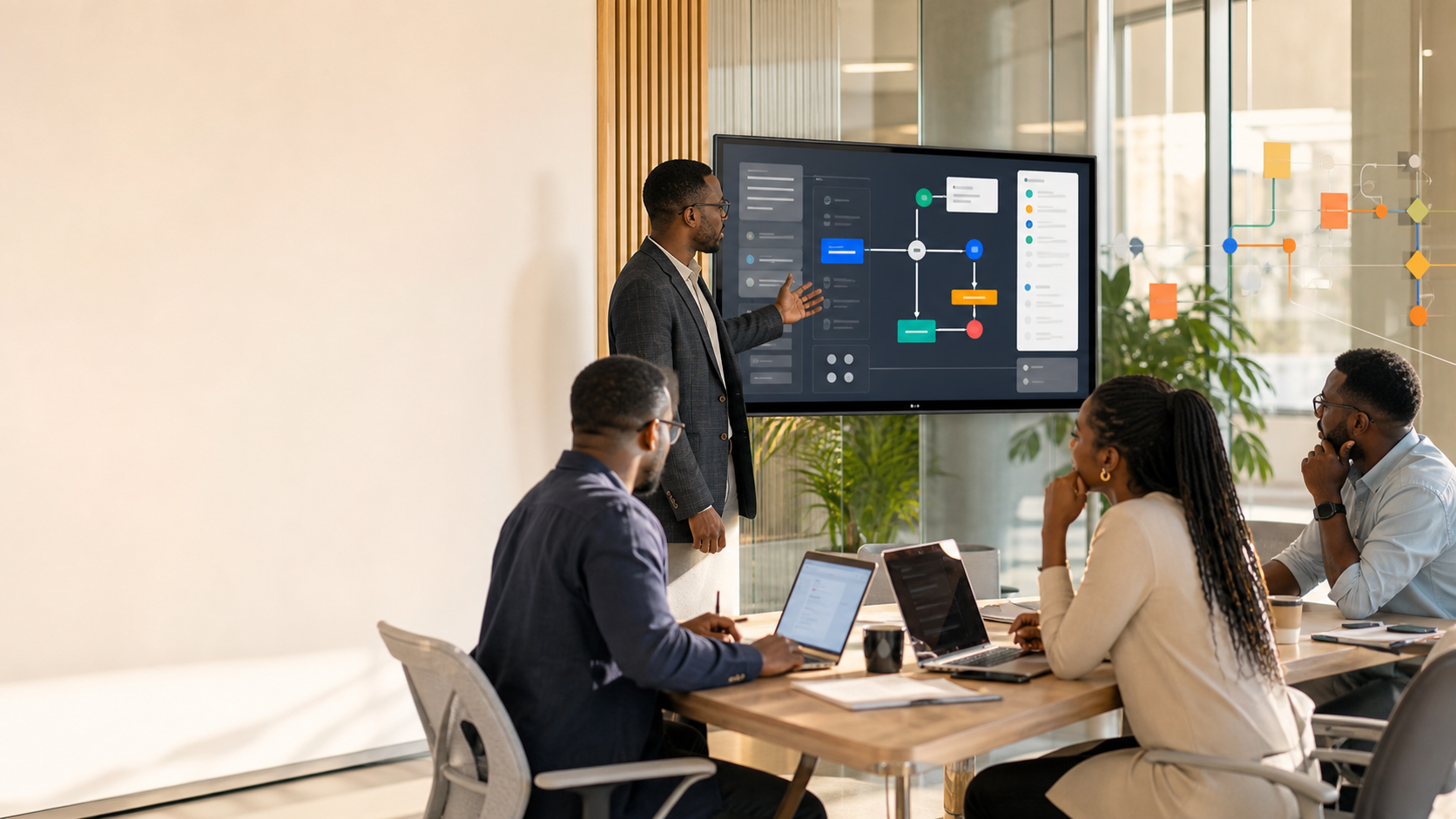 A business team supervising an AI-enabled workflow in a modern office